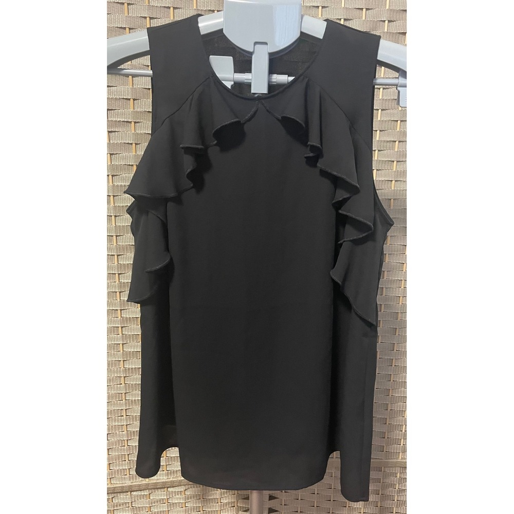 United Colors of Benetton Black Ruffle Sleeveless Blouse Keyhole Back Top Size L